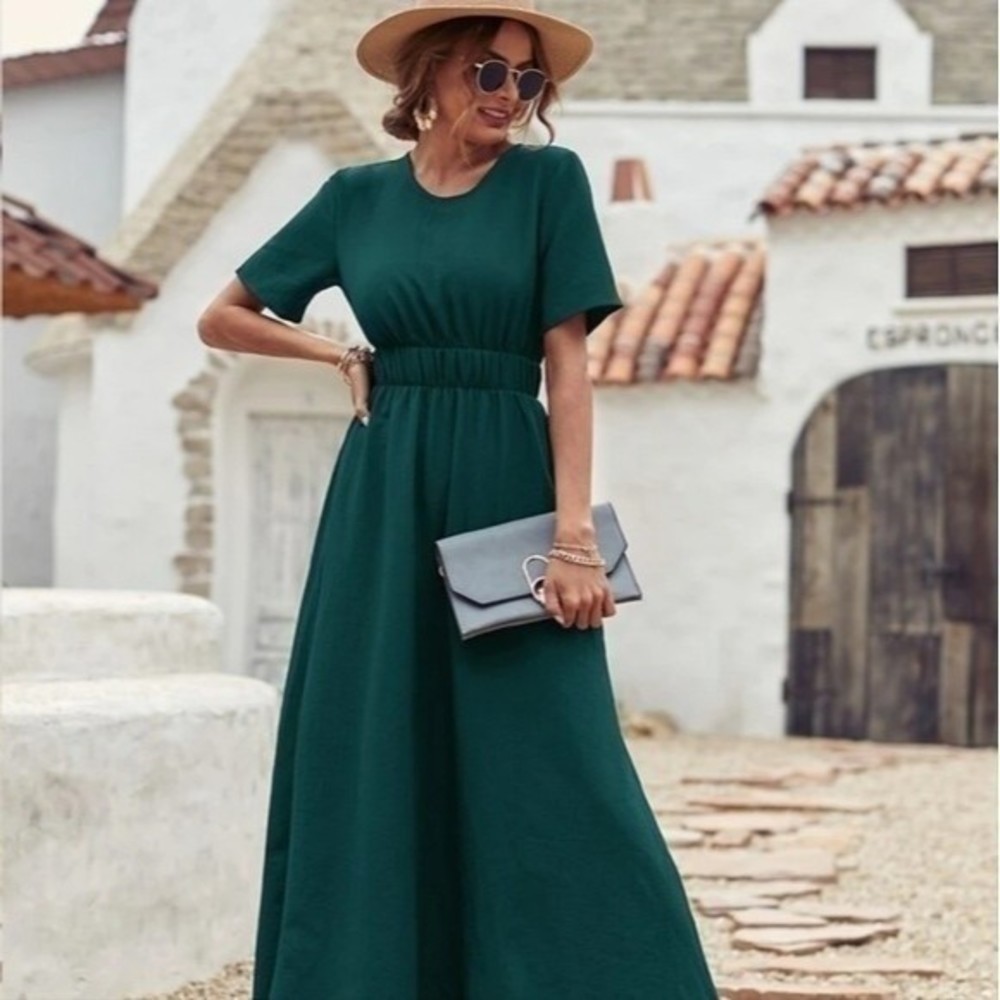 Shein Hunter Green Elastic Waistband A-Line Maxi Dress Size Medium